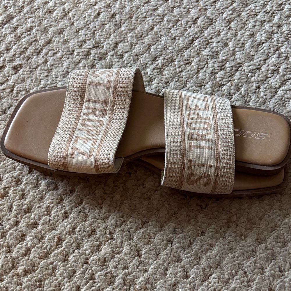 Soda Neutral Knit Double-Strap Slide Sandals in Beige and Tan